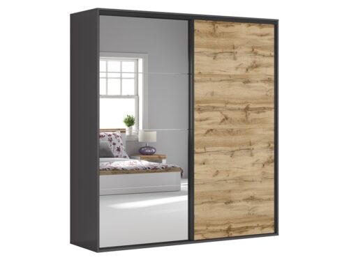 Skapis ar bīdāmām durvīm un spoguli FLEX 220 cm grafīta krāsā/votan ozolkoka krāsā