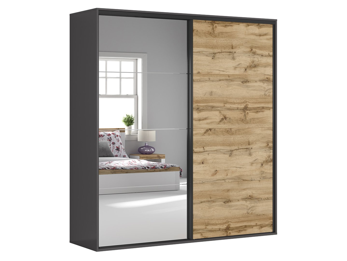 Skapis ar bīdāmām durvīm un spoguli FLEX 220 cm grafīta krāsā/votan ozolkoka krāsā