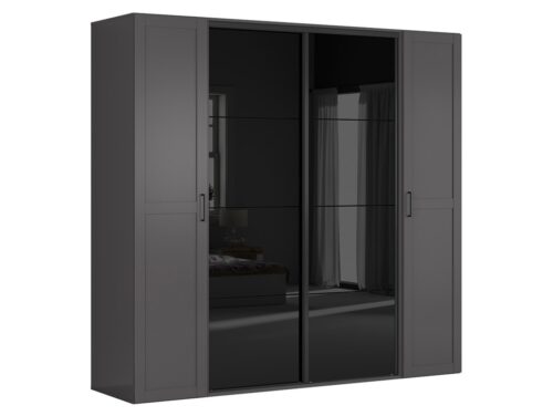 Četru durvju skapis ar bīdāmiem spoguļiem FLEX 250 cm grafīta/spīdīgi melns