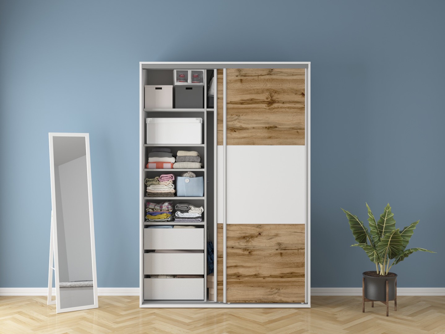 FLEX skapis ar bīdāmām durvīm, 150 cm, balta/Wotan ozols — изображение 3