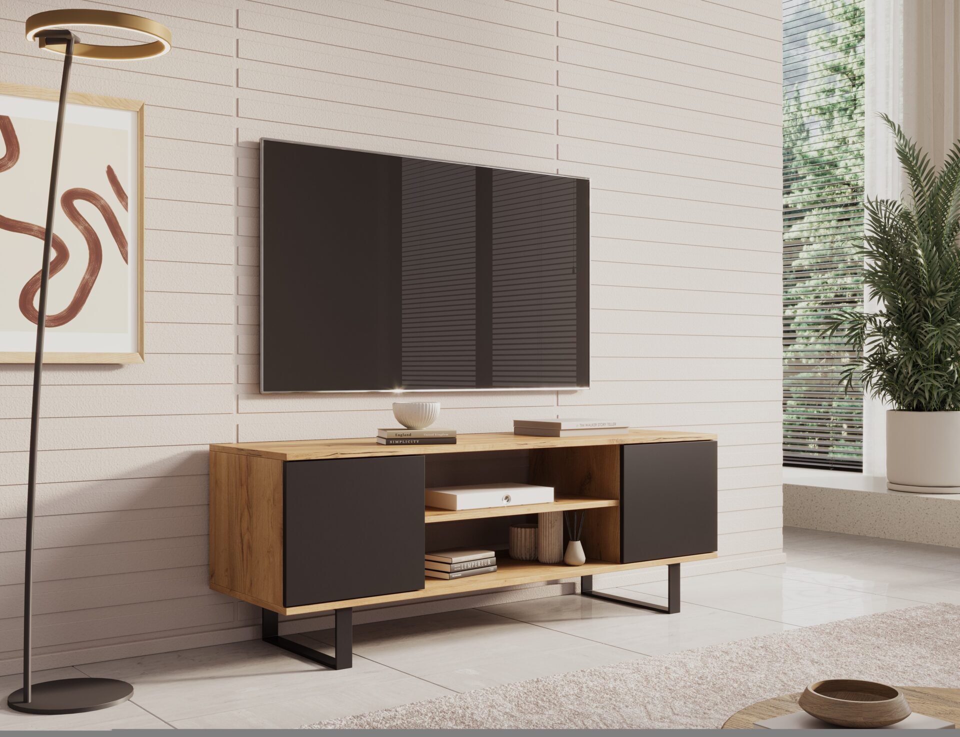 Lofter TV skapis, 135 cm, ozols/melns, ADRK — 2 attēls