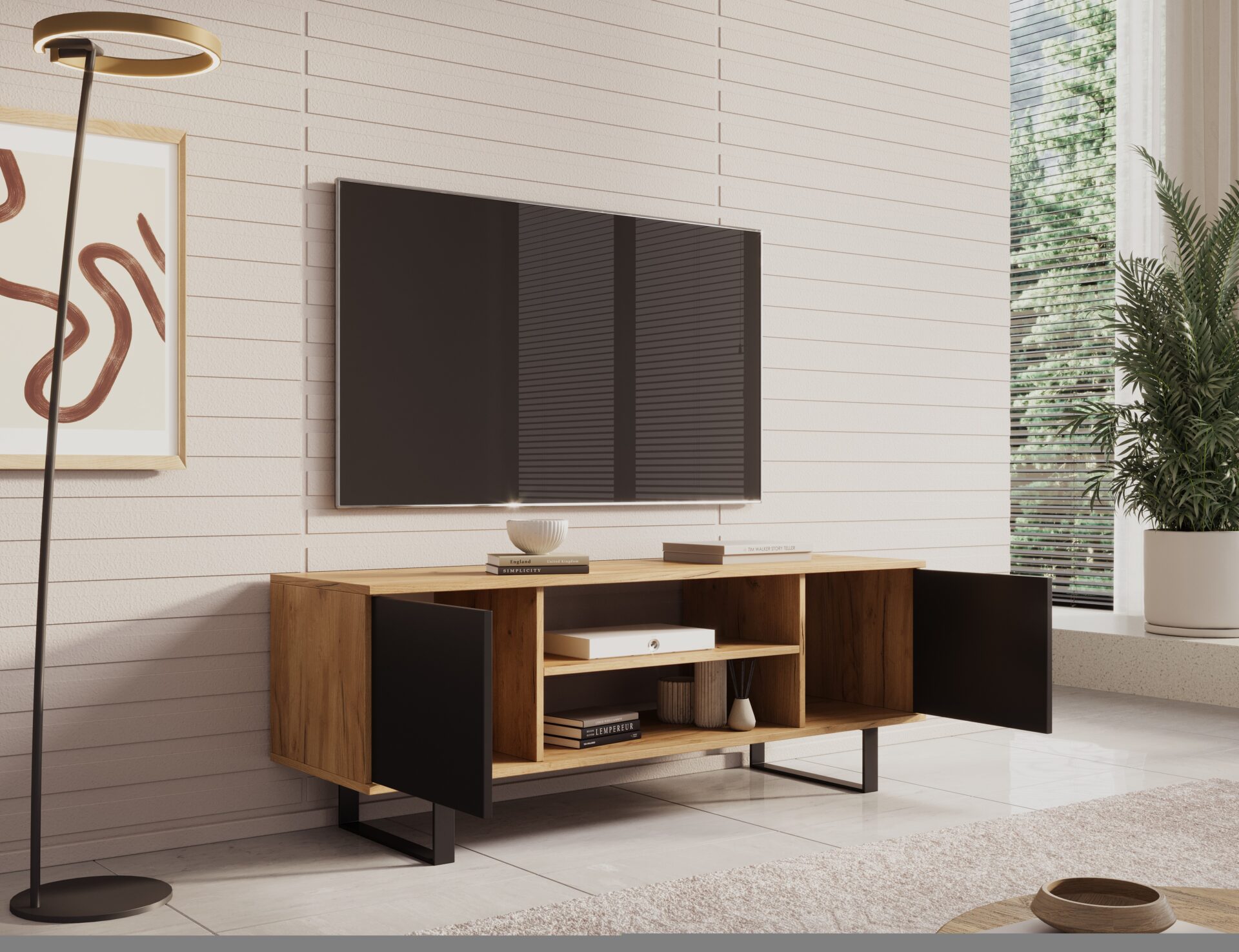 Lofter TV skapis, 135 cm, ozols/melns, ADRK — 3 attēls