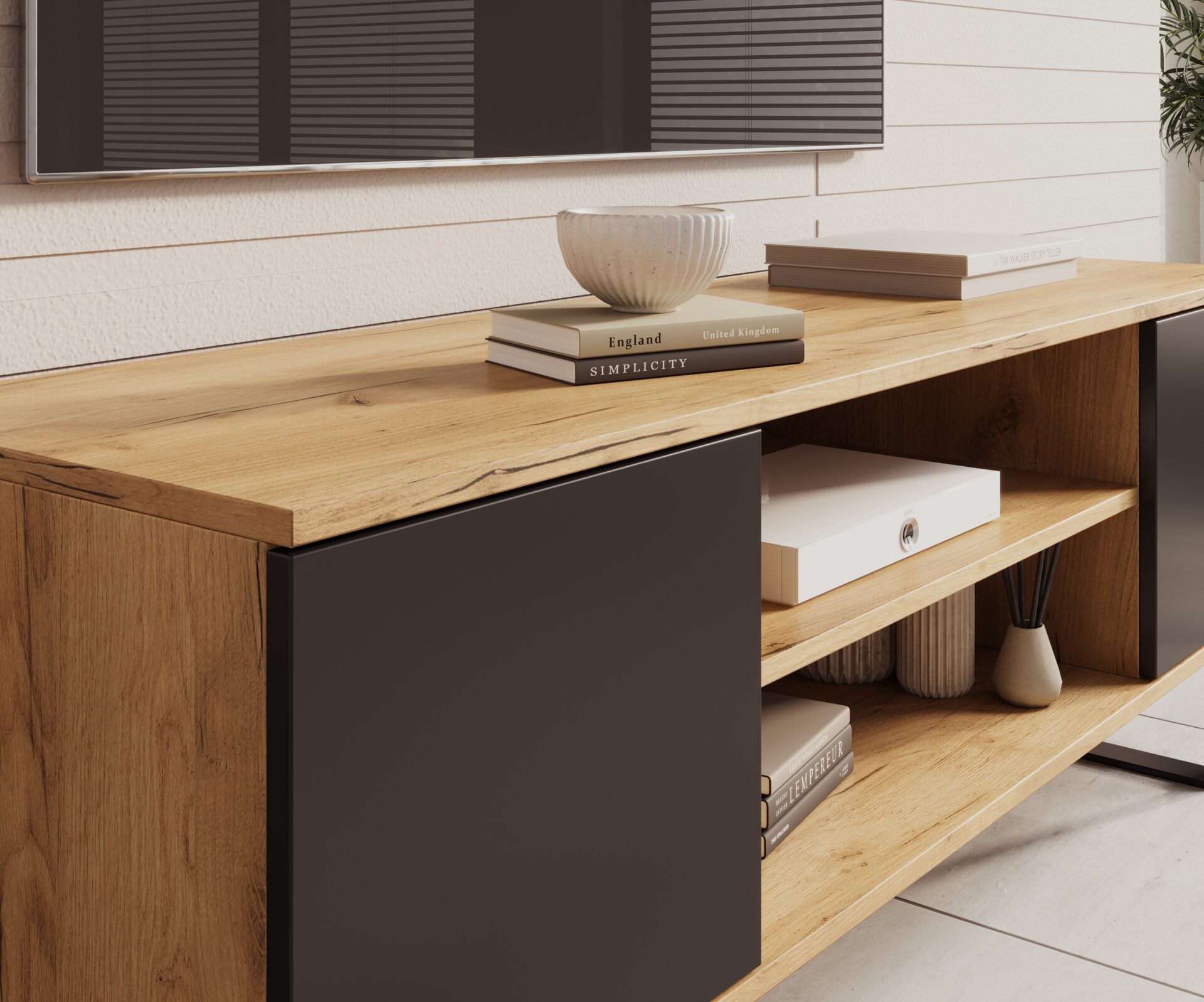 Lofter TV skapis, 135 cm, ozols/melns, ADRK — 4 attēls