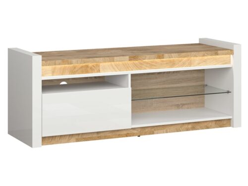 ALAMEDA TV skapītis ar atvilktni, 147 cm, spīdīgi balts/Vestminsteras ozols