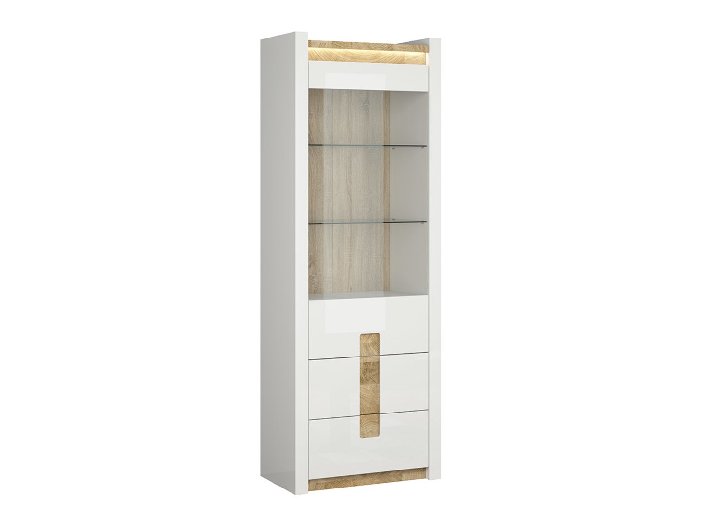 Vitrīnas skapis ar vienviru durvīm un divām atvilktnēm ALAMEDA 72 cm, spīdīgi balta/Vestminsteras ozols