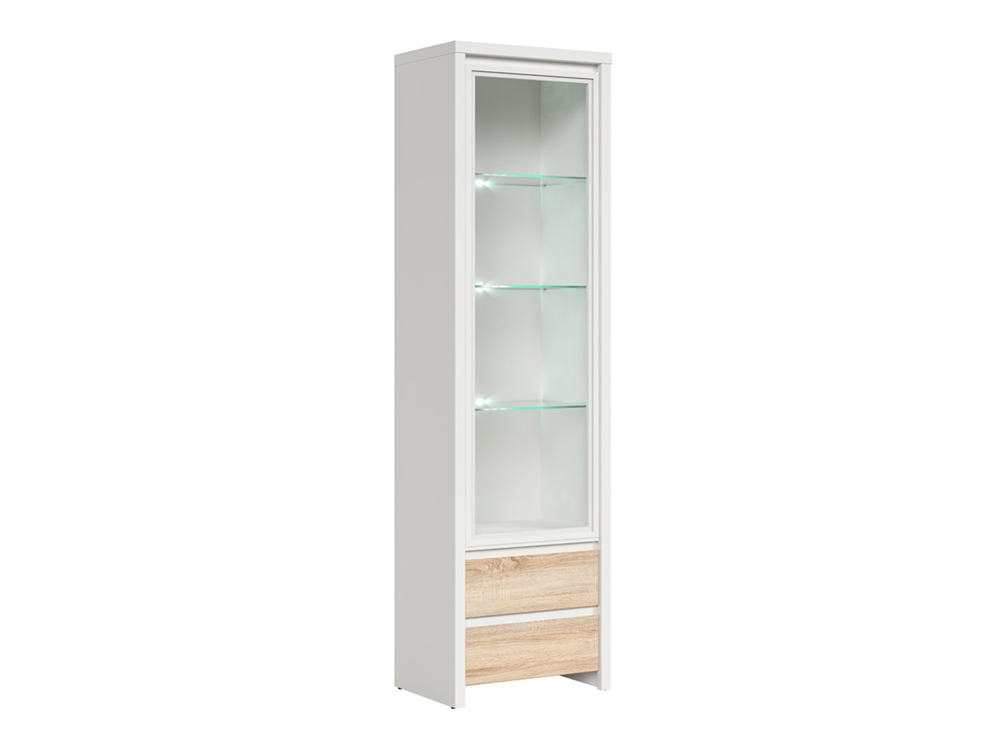 Viendurvju vitrīna ar divām atvilktnēm KASPIAN 56 cm baltā/sonoma ozolkoka krāsā
