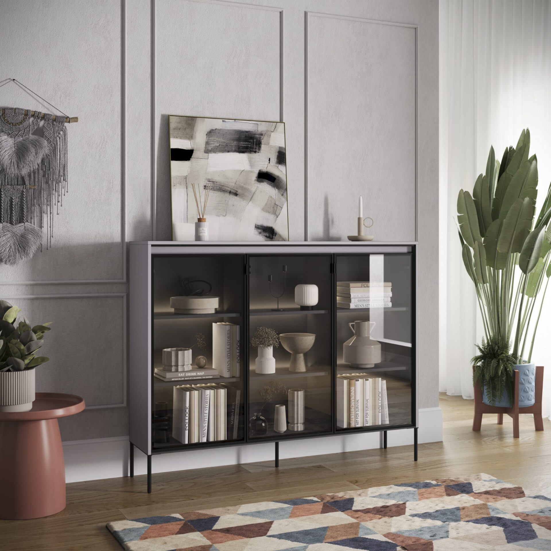 TREND 08 stikla vitrīna, pelēkas/melnas kājas — изображение 6