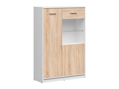 Zema divu durvju stikla vitrīna NEPO PLUS 90 cm baltā/sonoma ozolkoka krāsā