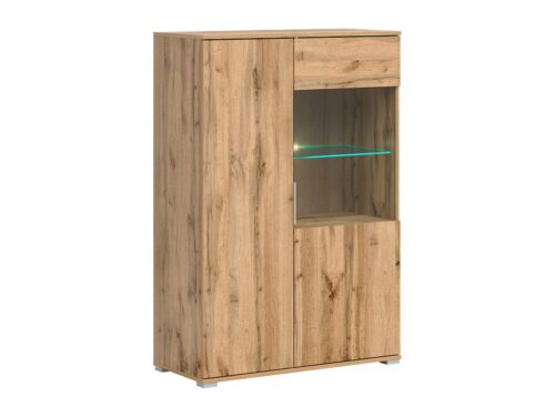 Zems viendurvju vitrīnas skapis ar stikla priekšpusi ZELE 90 cm Wotan ozols/spīdīgi balts