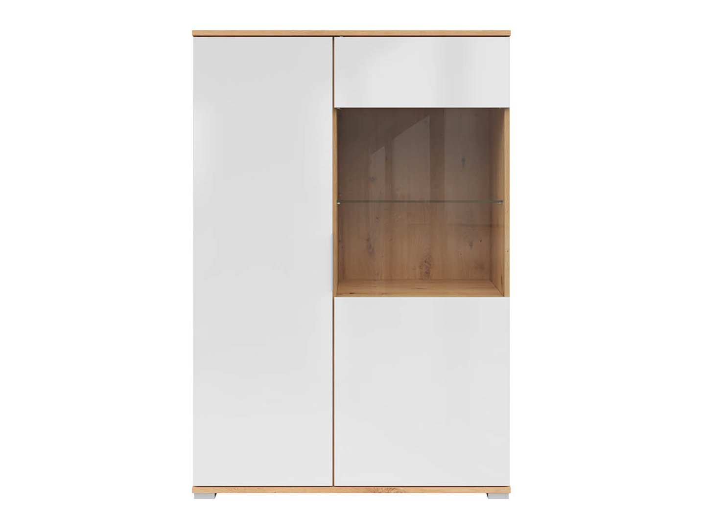 ZELE zems viendurvju vitrīnas skapis ar stikla priekšpusi, 90 cm, mākslīgais ozols/spīdīgi balta krāsa