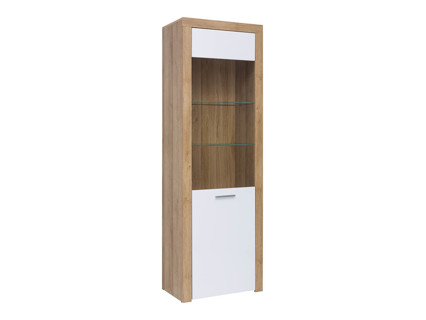 BALDER augstais vitrīnas skapis 62 cm, Riviera ozols/spīdīgi balta krāsa