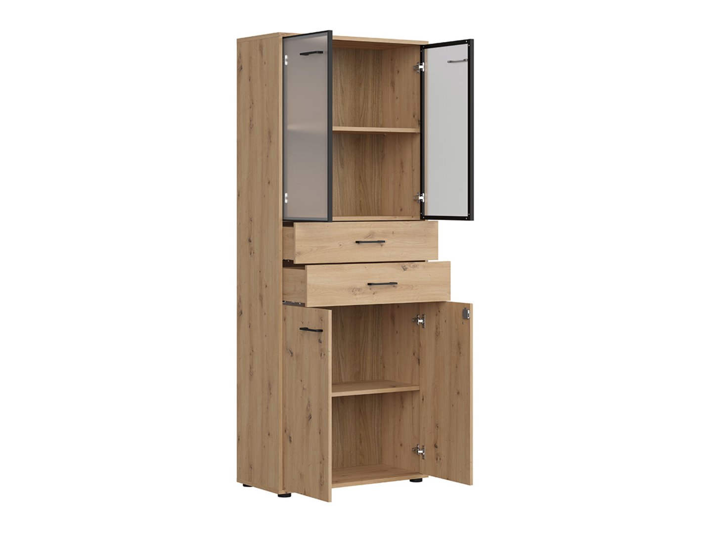 Slēgta divdurvju vitrīna ar divām atvilktnēm SPACE OFFICE 80 cm, mākslinieciska ozolkoka krāsa/matēti melna krāsa