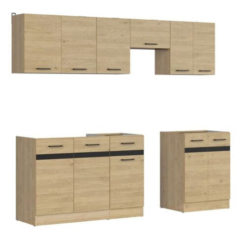 Virtuves komplekts 230 cm JUNONA LINE Bernstein ozols/metāliska melna zelta šīfera krāsa