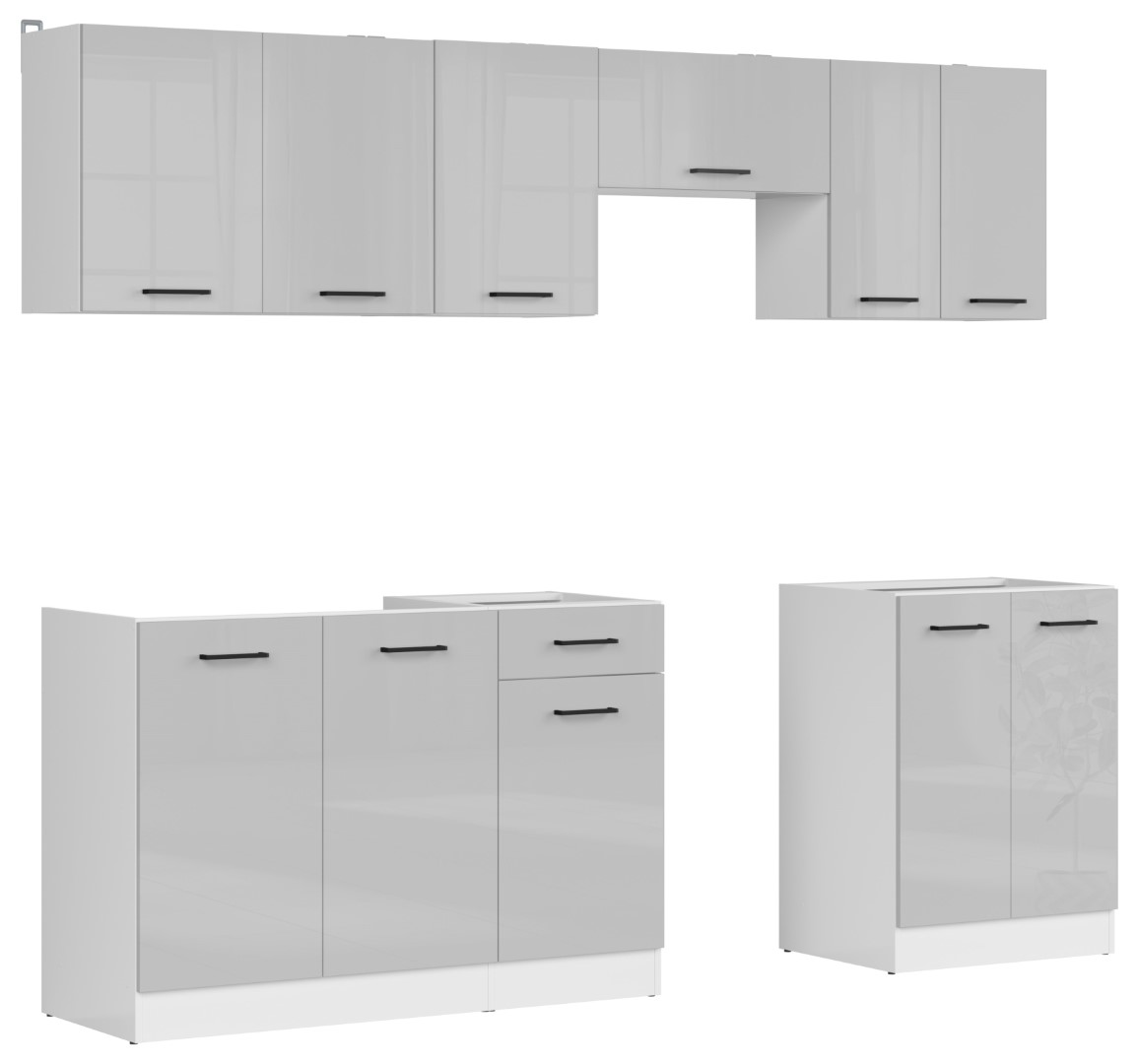JUNONA LINE virtuves komplekts 240 cm balts/gaiši pelēks spīdīgs