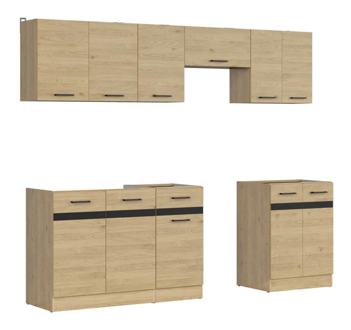 Virtuves komplekts 240 cm JUNONA LINE Bernstein ozols/metāliska melna zelta šīfera krāsa