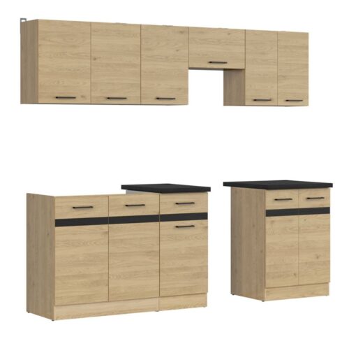 Virtuves komplekts ar darba virsmu 230 cm JUNONA LINE Bernstein ozols/metālisks melnzelta šīferis