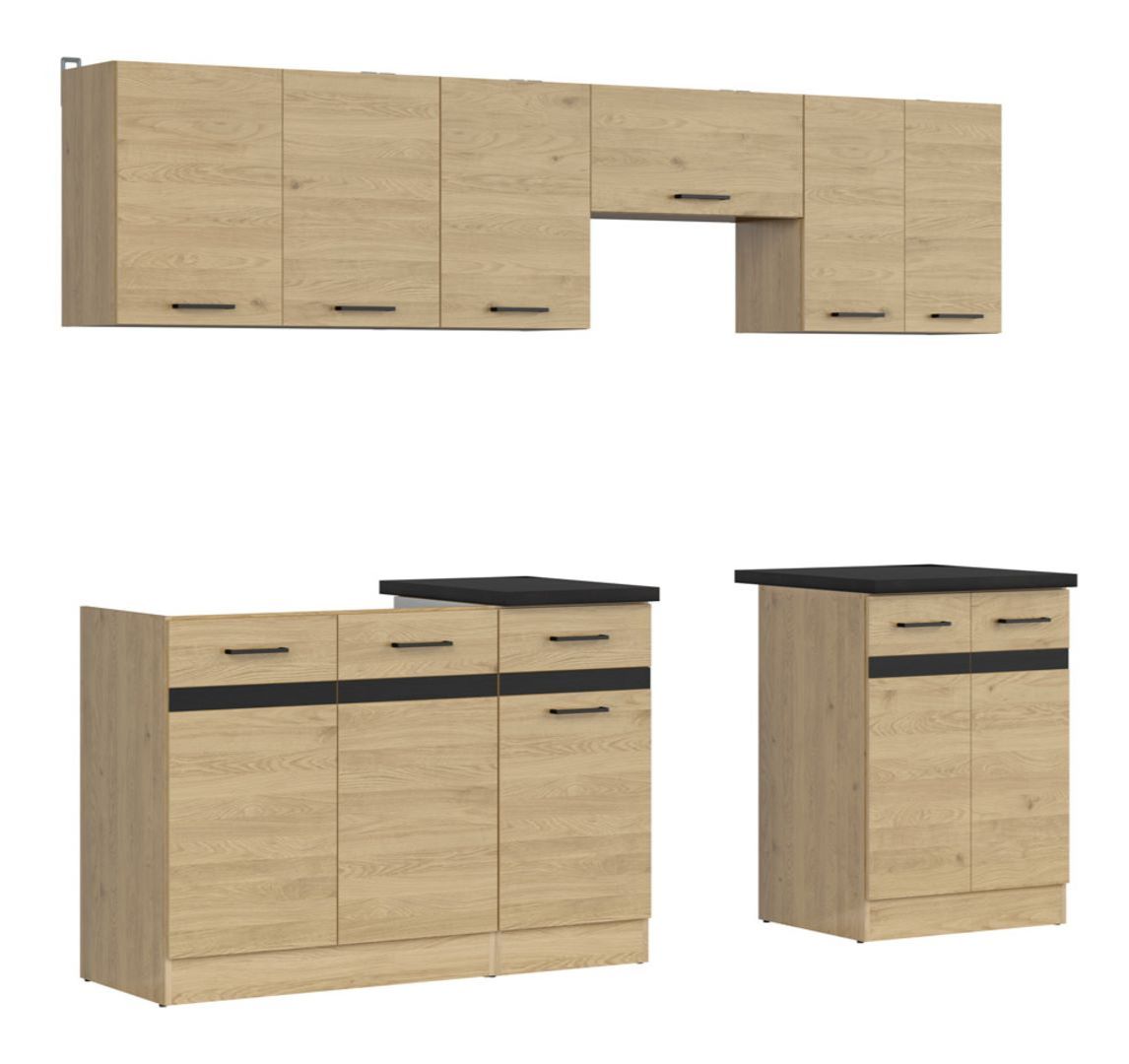 Virtuves komplekts ar darba virsmu 240 cm JUNONA LINE Bernstein ozols/metālisks melnzelta šīferis