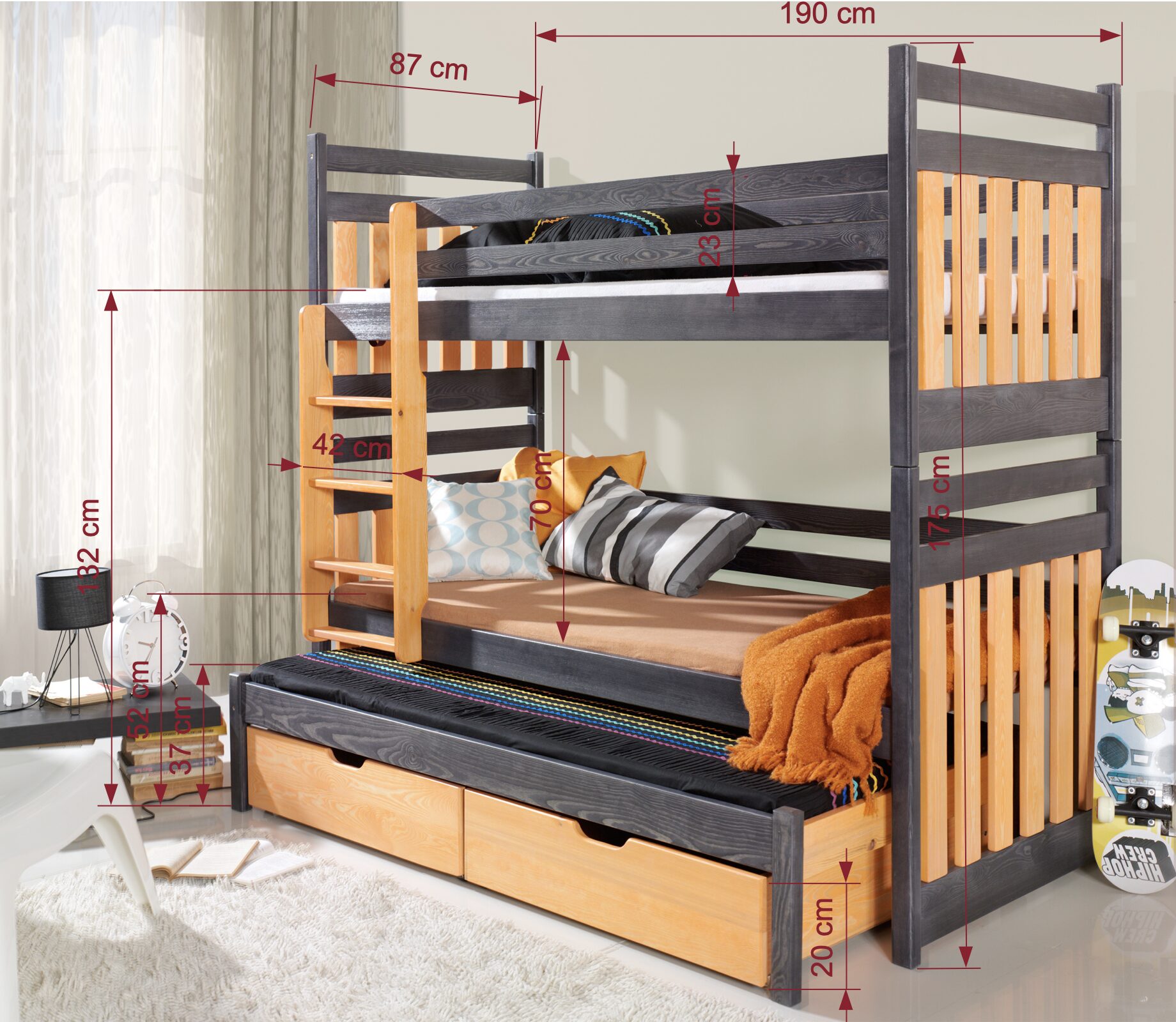 SAMBOR III trīsvietīga divstāvu gulta ar atvilktnēm 80x200 cm — изображение 4