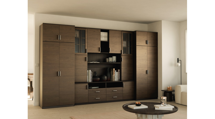 Sekcija SAWA ar ietilpīgiem skapjiem un vitrīnām 390 × 232 cm, Sonoma Ciemna / Orzech Okapi — изображение 2