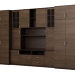 Sekcija SAWA ar ietilpīgiem skapjiem un vitrīnām 390 × 232 cm, Sonoma Ciemna / Orzech Okapi
