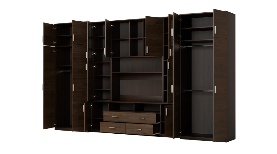 Sekcija SAWA ar ietilpīgiem skapjiem un vitrīnām 390 × 232 cm, Sonoma Ciemna / Orzech Okapi — изображение 3