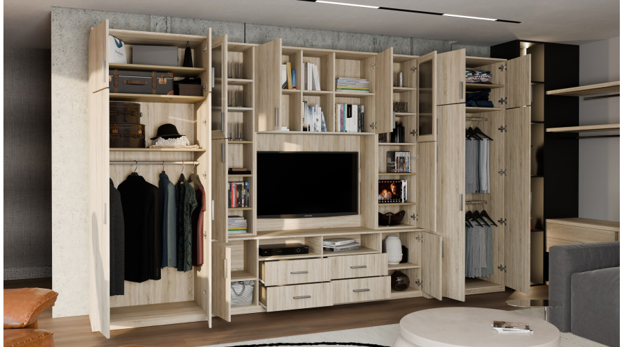 Sekcija SAWA ar ietilpīgiem skapjiem un vitrīnām 390 × 232 cm, Sonoma Ciemna / Orzech Okapi — изображение 6