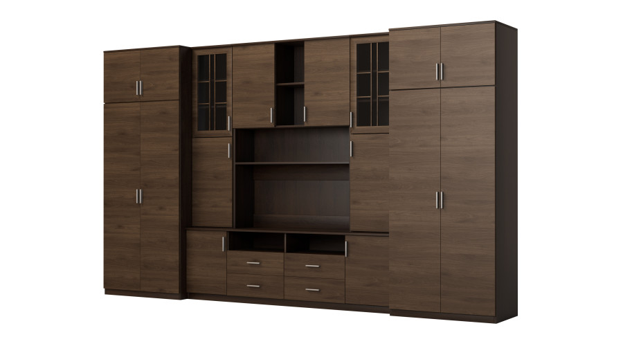 Sekcija SAWA ar ietilpīgiem skapjiem un vitrīnām 390 × 232 см, Sonoma Ciemna / Orzech Okapi