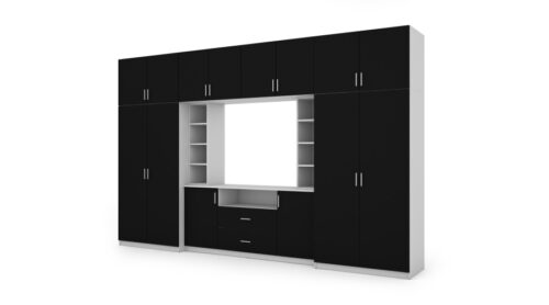 Sekcija DAKO ar skapīšiem un TV plauktu 380 × 240 cm, Biel / Czarny