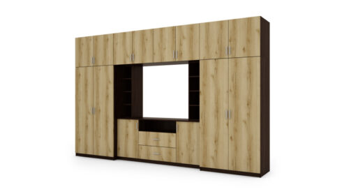 Sekcija DAKO ar skapīšiem un TV plauktu 380 × 240 cm, Sonoma Dark / Grand Natural Oak