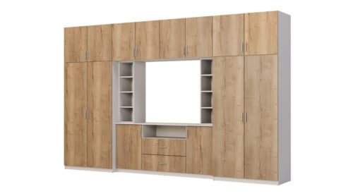 Sekcija DAKO ar skapīšiem un TV plauktu 380 × 240 cm gaiši pelēks / Halifaksas ozols
