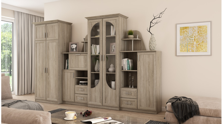 SekcijaTEXAS + Garderobe ar lielu stikla vitrīnu, bāru, veļas skapi un ietilpīgu garderobi 320 × 207 cm Sonoma Jasna — изображение 2