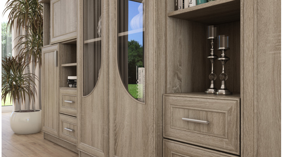 SekcijaTEXAS + Garderobe ar lielu stikla vitrīnu, bāru, veļas skapi un ietilpīgu garderobi 320 × 207 cm Sonoma Jasna — изображение 4