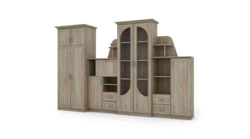 SekcijaTEXAS + Garderobe ar lielu stikla vitrīnu, bāru, veļas skapi un ietilpīgu garderobi 320 × 207 cm Sonoma Jasna