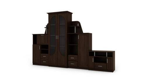Sekcija TEXAS + RTV ar lielu stikla vitrīnu, bāru, veļas skapi un TV statīvu 240 × 207 cm Sonoma Ciemna