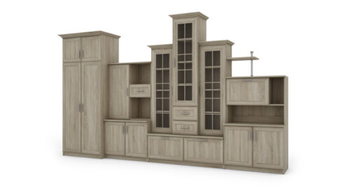 Sekcija HADES + Garderobe ar trīskāršu vitrīnu un ietilpīgu garderobi 360 ​​× 207 cm Sonoma Jasna