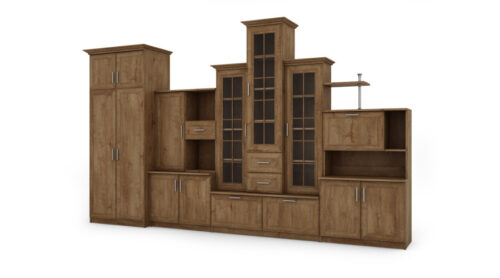 Sekcija HADES + Wardrobe ar trim vitrīnām un ietilpīgu garderobi, 360 × 207 cm, Dąb Lefkas