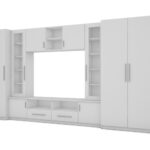 Sekcija NEPTUN ar skapīšiem, stikla vitrīnām un TV zonu, 370 × 200 cm, Biel