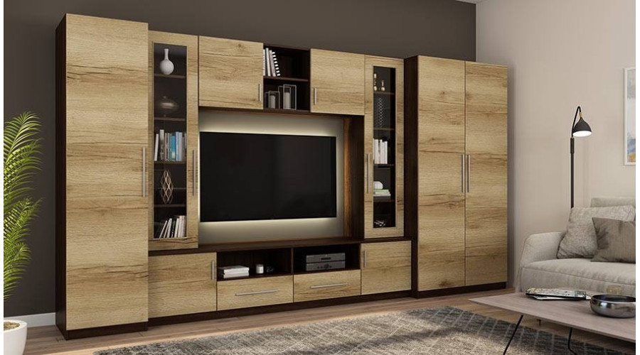 NEPTUN ar skapīšiem, stikla vitrīnām un TV virsmu 370 × 200 cm, tumšs Sonoma Ciemna / Dąb Grand — изображение 2