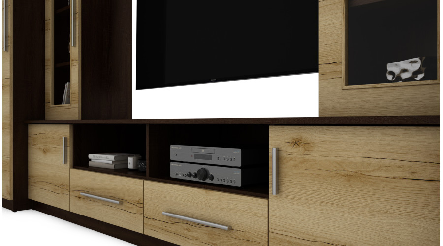 NEPTUN ar skapīšiem, stikla vitrīnām un TV virsmu 370 × 200 cm, tumšs Sonoma Ciemna / Dąb Grand — изображение 5