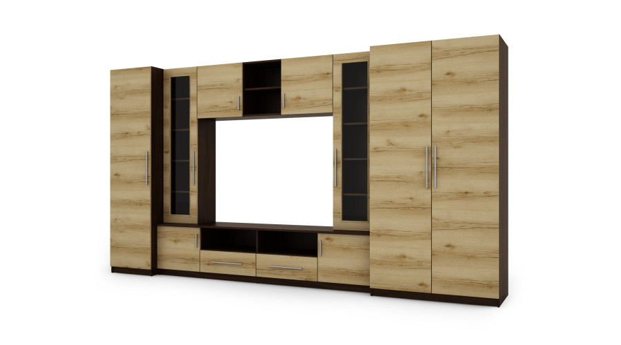 NEPTUN ar skapīšiem, stikla vitrīnām un TV virsmu 370 × 200 cm, tumšs Sonoma Ciemna / Dąb Grand