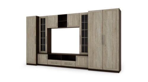Sekcija NEPTUN ar skapjiem, stikla vitrīnām un TV zonu 370 × 200 cm Sonoma Ciemna / Sonoma Jasna