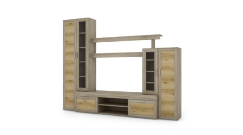 Sekcija APOLLO ar vitrīnu un TV statīvu, 266 × 210 cm, Sonoma Jasna / Grand Natural Oak