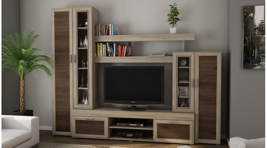 Sekcija APOLLO ar vitrīnu un vietu televizoram 266 × 210 cm, Sonoma Jasna / Orzech Okapi — изображение 2