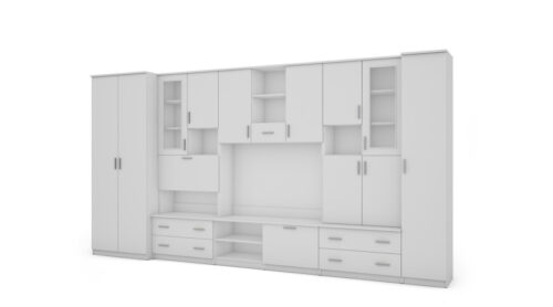 Sekcija CYKLON, 400 cm plats, skapīši, plaukti, TV, bārs, Biel