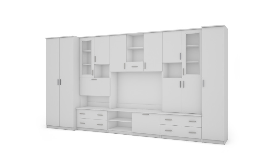 Sekcija CYKLON, 400 cm plats, skapīši, plaukti, TV, bārs, Biel
