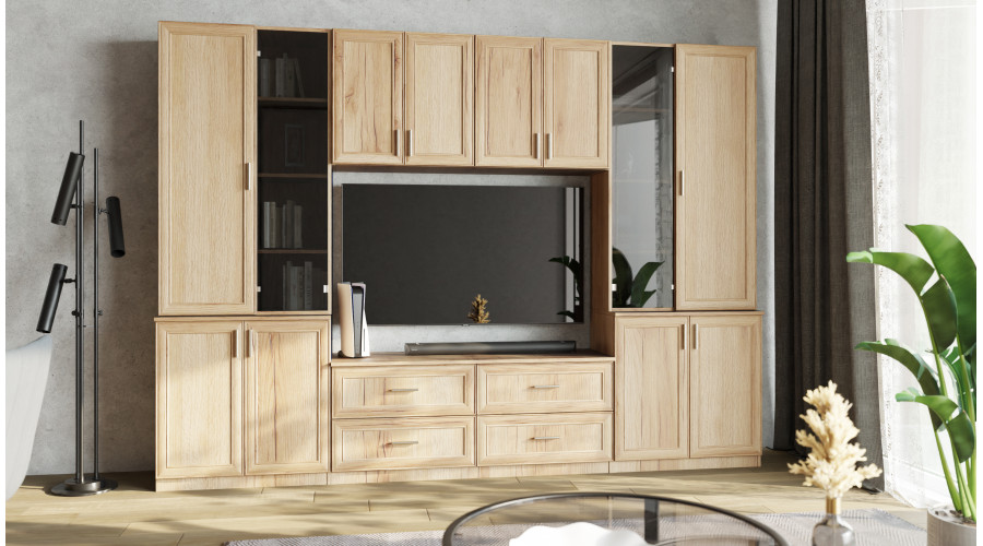 Sekcija STILO ar TV plauktu, skapīšiem un atvilktnēm 300 × 220 cm, dabīgs ozols — изображение 2