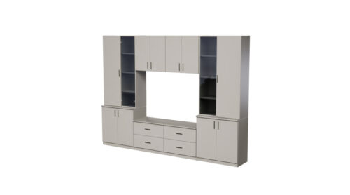 Sekcija STILO ar TV plauktu, skapīšiem un atvilktnēm, 300 × 220 cm, kašmira bēšs
