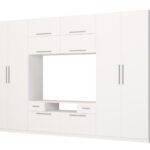 Sekcija SCANDI ar lieliem skapjiem, plauktiem, televizoru un atvilktnēm, 350 × 227 cm, Biel