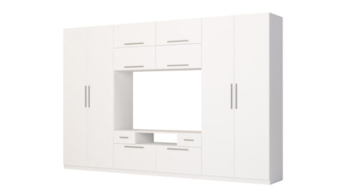 Sekcija SCANDI ar lieliem skapjiem, plauktiem, televizoru un atvilktnēm, 350 × 227 cm, Biel