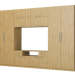 Sekcija SCANDI ar lieliem skapjiem, plauktiem, televizoru un atvilktnēm, 350 × 227 cm, Carpenter Whisky beice